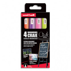 UNI-BALL Pochette 4 marqueurs craie CHALK. Pointe conique 1,8-2,5mm. Fluo : Jaune, Orange, Rose et violet