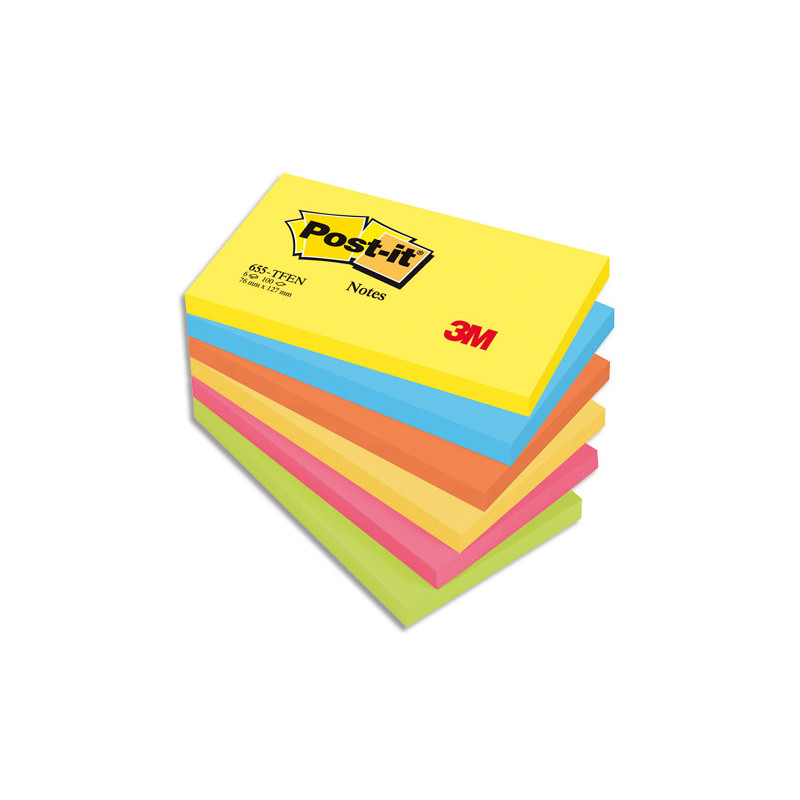 POST-IT Lot de 6 blocs repositionnables coloris énergique dimensions 76x127mm 655TF