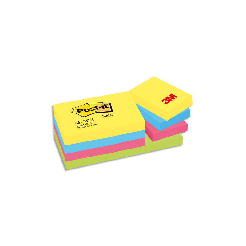 POST-IT Lot de 12 blocs repositionnables coloris énergique dimensions 38x51mm 653TF