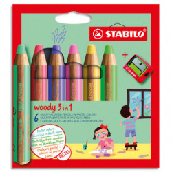 STABILO woody 3in1 crayon de couleur - Etui carton de 6 crayons + taille-crayon - Coloris pastel