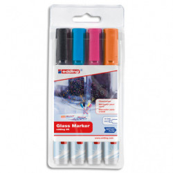 EDDING Pochette 4 marqueurs E-95 pour tableau en verre foncé. Coloris assortis : blanc,jaune,bleu,orange