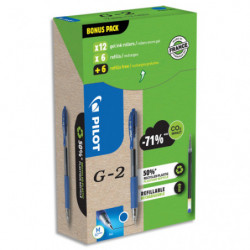 PILOT Pack de 12 rollers G2 encre gel + 12 recharges. Pointe moyenne 0,7mm. Coloris bleu