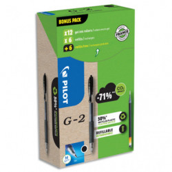 PILOT Pack de 12 rollers G2 encre gel + 12 recharges. Pointe moyenne 0,7mm. Coloris noir
