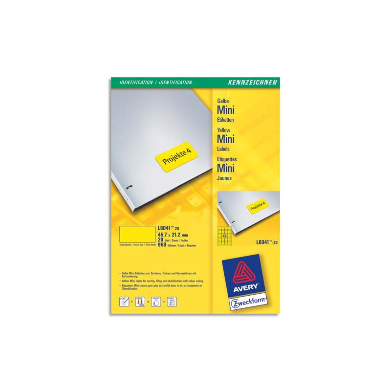AVERY Boîte de 960 étiquettes Laser 45,7 x 21,2 mm Jaune L6041-20