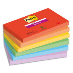 POST-IT® Notes Super Sticky Playful 76 x 127 mm. 6 blocs, 90F. Ass : rouge/orange/jaune/vert/bleu/violet.
