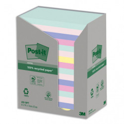 POST-IT® Notes Post-it Recyclées Nature. 76 x 127 mm. 16 blocs, 100 F. Ass : vert, rose, bleu, jaune.