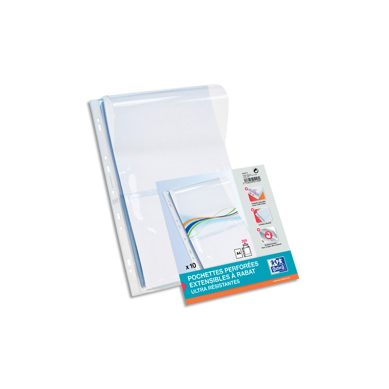 OXFORD Sachet de 10 pochettes-plan avec rabat en PVC 30/100e. Format A4, perforation 9 trous