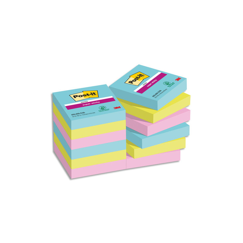 POST-IT Lot de 12 blocs notes Super Sticky POST-IT® Collection COSMIC 47,6x47,6 mm, 90 feuilles.
