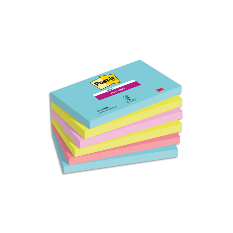 POST-IT Lots de 6 blocs Notes Super Sticky POST-IT® couleurs COSMIC 90 feuilles 76 x 127 mm