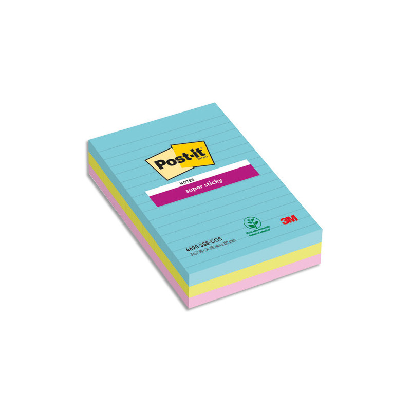 POST-IT Lot de 3 blocs Notes Super Sticky POST-IT® couleurs COSMIC 90 feuilles lignées 101 x 152 mm