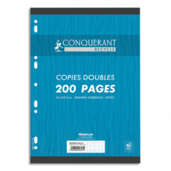 CONQUERANT Copies Doubles Blanches Recyclées A4 Grands Carreaux Seyès 200 Pages Sous Film