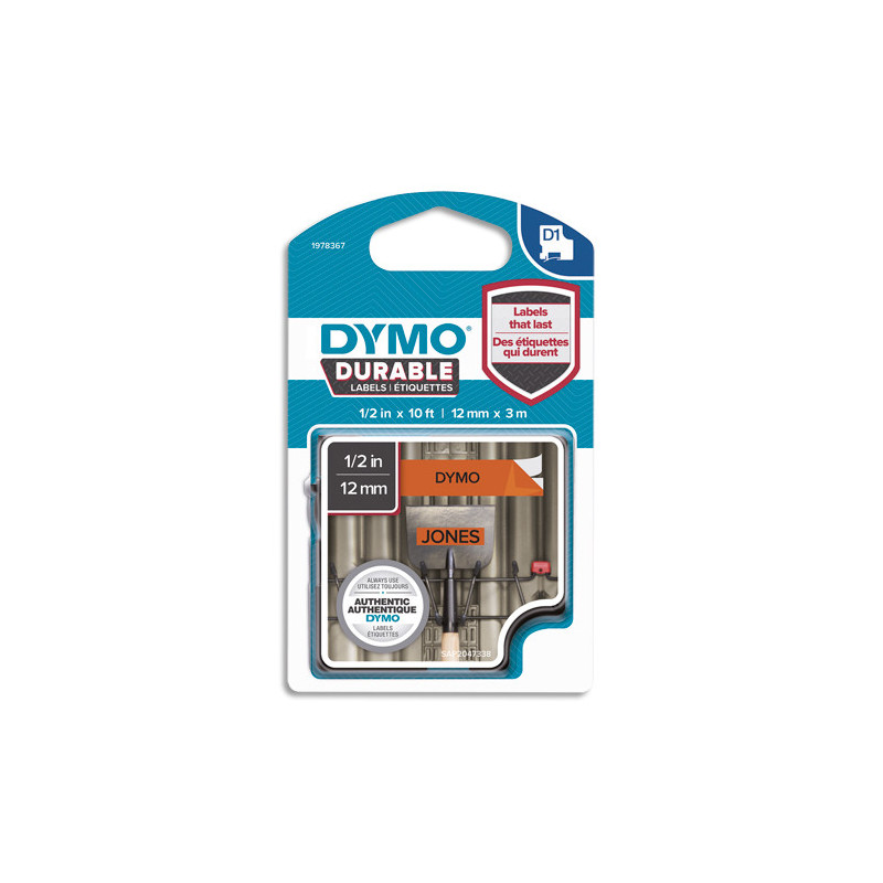 DYMO Ruban D1 Durable 12mmx3m Noir sur Orange 1978367