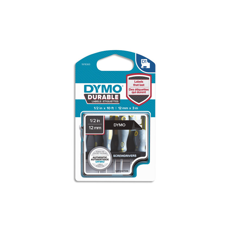 DYMO Ruban D1 Durable 12mmx3m Blanc sur Noir 1978365