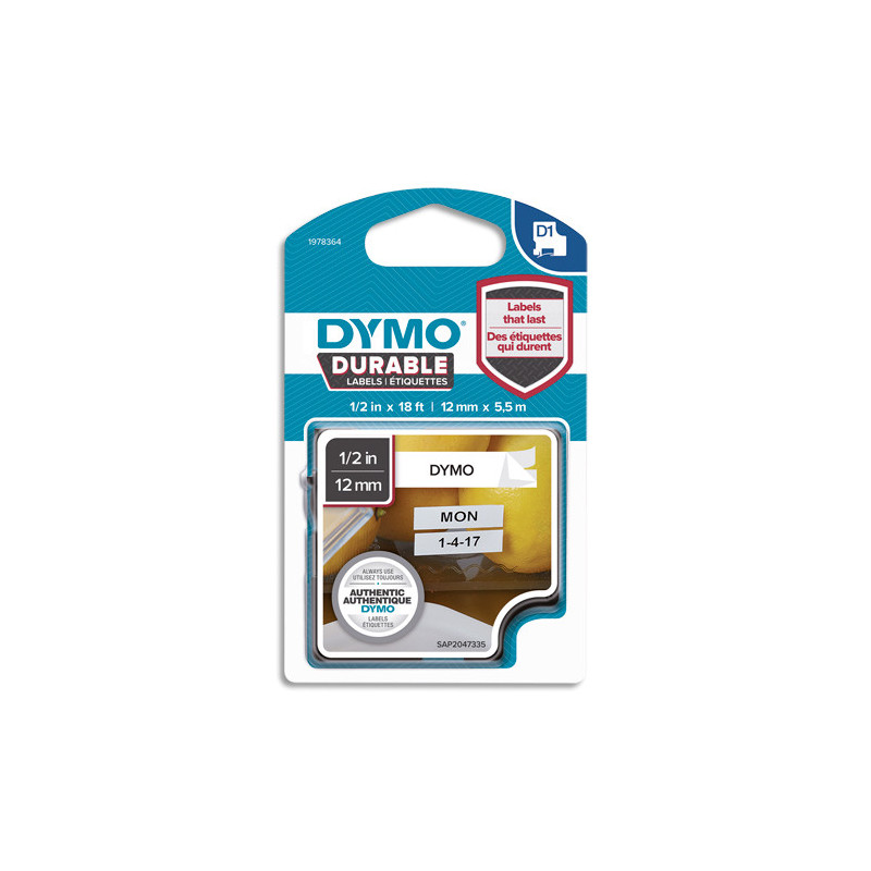 DYMO Ruban D1 Durable 12mmx5.5m Noir sur Blanc 1978364