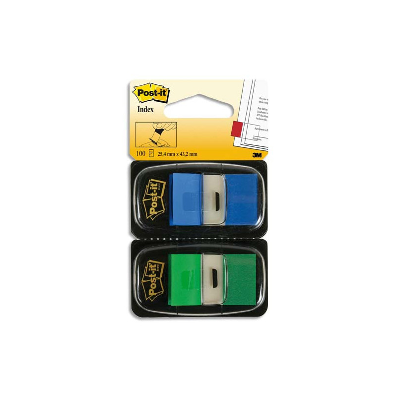 POST-IT Blister de 2 cartes de 50 marque-pages standards 2,54 x 4,4 cm Bleu et Vert