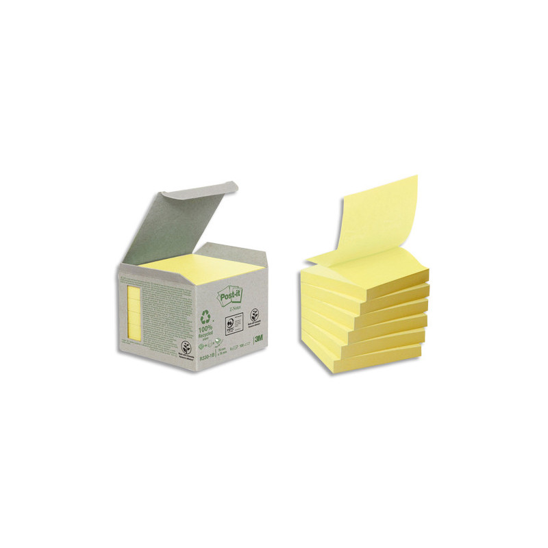 POST-IT Tour de 6 blocs de Z-notes 100% recyclées Jaunes 76X76mm - Bloc de 100 feuilles