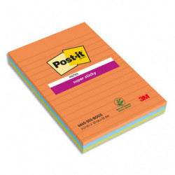 POST-IT Lot de 3 blocs Notes Super Sticky POST-IT® Orange/Bleu/Vert lignées 45 feuilles 101 x 152 mm