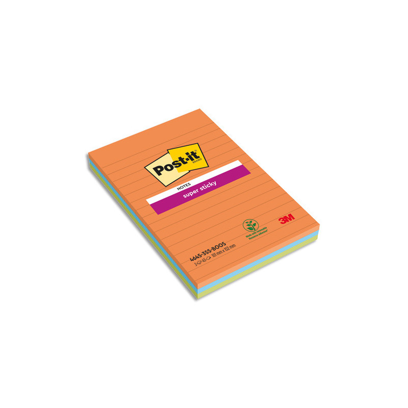 POST-IT Lot de 3 blocs Notes Super Sticky POST-IT® Orange/Bleu/Vert lignées 45 feuilles 101 x 152 mm