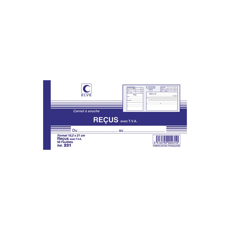 ELVE Carnet à souche ''reçu avec TVA'' format 10,5 x 21cm, 50 feuillets 231