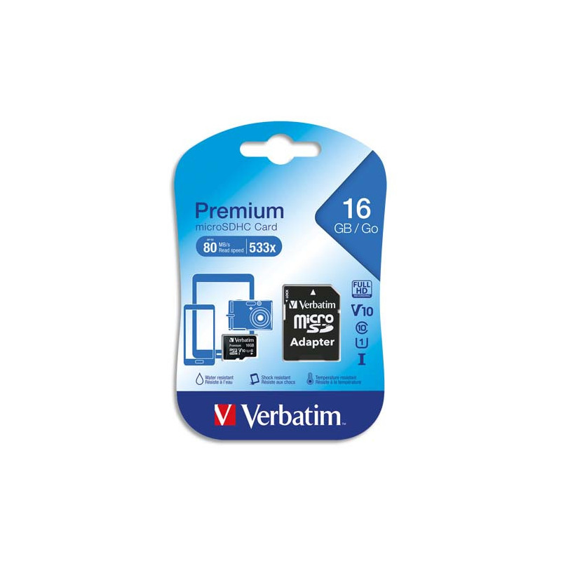 VERBATIM Carte MicroSDHC 16Go+adaptateur Class 10/U1 44082