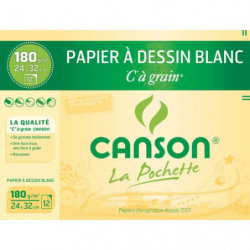 CANSON Pochette de 12 feuilles 24x32cm papier dessin Blanc C A GRAIN 180g
