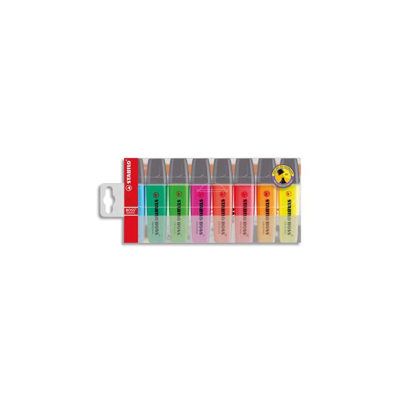 STABILO BOSS ORIGINAL surligneur pointe biseautée - Pochette de 8 surligneurs fluo - Coloris assortis