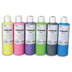 ART PLUS Lot de 6 flacons 250ml gouache. Assortis nacré : Jaune, Rose, Violet, Vert, Noir, Bleu