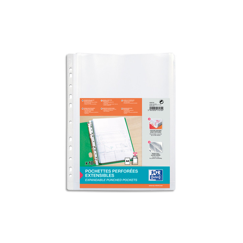 OXFORD Sachet de 10 pochettes-plan sans rabat en polypro lisse 20/100e. Format A4, perforation 11 trous