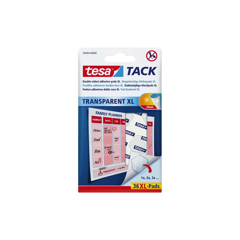 TESA Blister de 36 pastilles adhésives Tack XL.Double-face réutilisable/repositionnable. Objets légers.