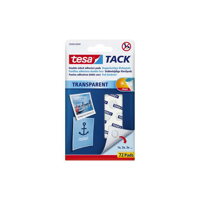 TESA Blister de 72 pastilles adhésives Tack. Double-face réutilisable/repositionnable. Objets légers.