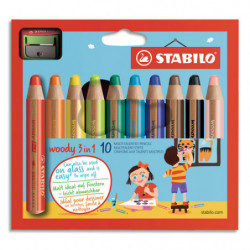 STABILO woody 3in1 crayon de couleur - Etui carton de 10 crayons + taille-crayon - Coloris assortis