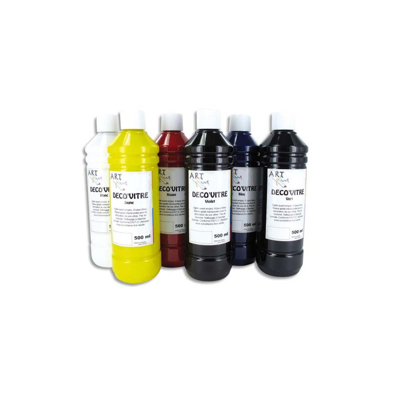 ART PLUS Coffret de 6 flacons de 500ml de peinture déco vitre, Blanc, Jaune, Rouge, Violet, Bleu, Vert