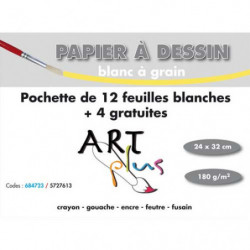 ART PLUS Pochette de 12 feuilles+4 gratuites dessin 180g format 24x32cm