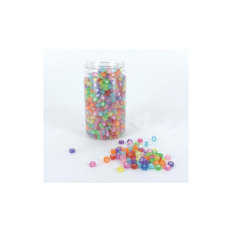 O COLOR Bocal de 1200 perles alphabet transparentes couleurs assorties, diamètre 7 mm
