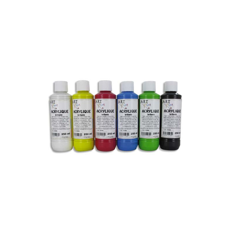 ART PLUS Coffret de 6 x 250ml acrylique brillante Blanc, Jaune, Rouge, Bleu, Vert, Noir