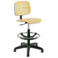 Siège technique grande hauteur en bois verni avec repose-pieds sur patins, réglable en hauteur