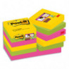 POST-IT Lot de 12 blocs Super Sticky CARNIVAL 90F 47,6x47,6mm, coloris Jaune néon, Vert néon, Fuchsia