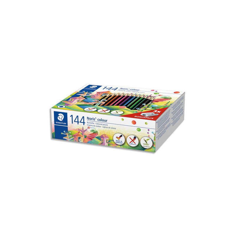 STAEDTLER Classpack de 144 crayons de couleur Noris colour 185 Wopex assortis + 3 taille-crayons offerts