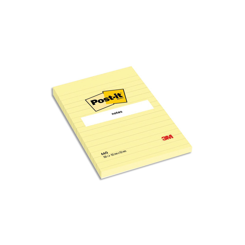 POST-IT Bloc repositionnable de 100 feuilles 102 x 152 mm Jaune ligné