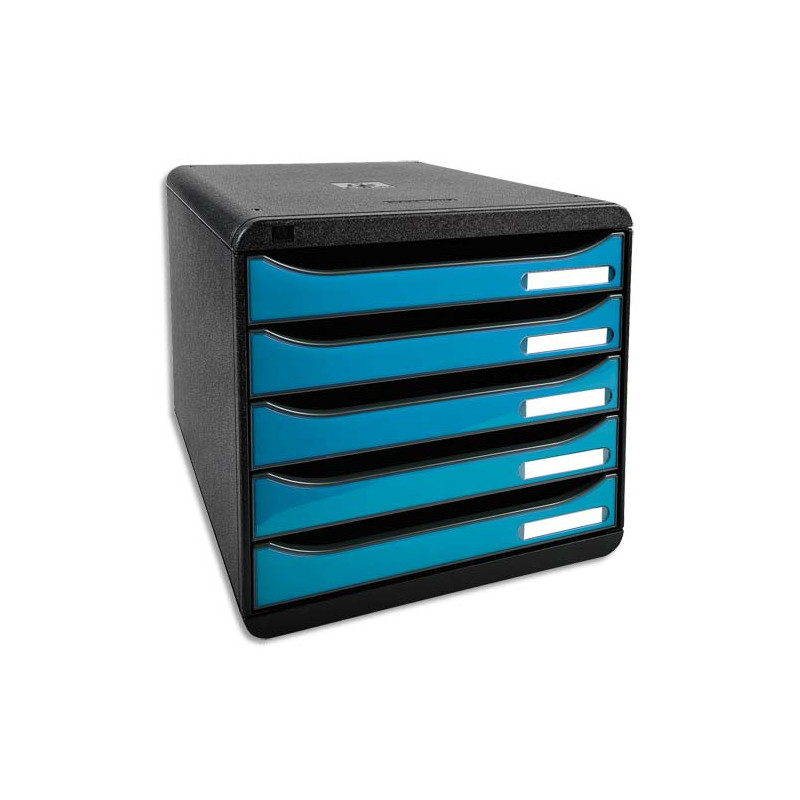 EXACOMPTA Module de classement 5 tiroirs. Coloris Noir/Turquoise glossy. Dim : L27,8 x H26,7 x P34,7 cm.