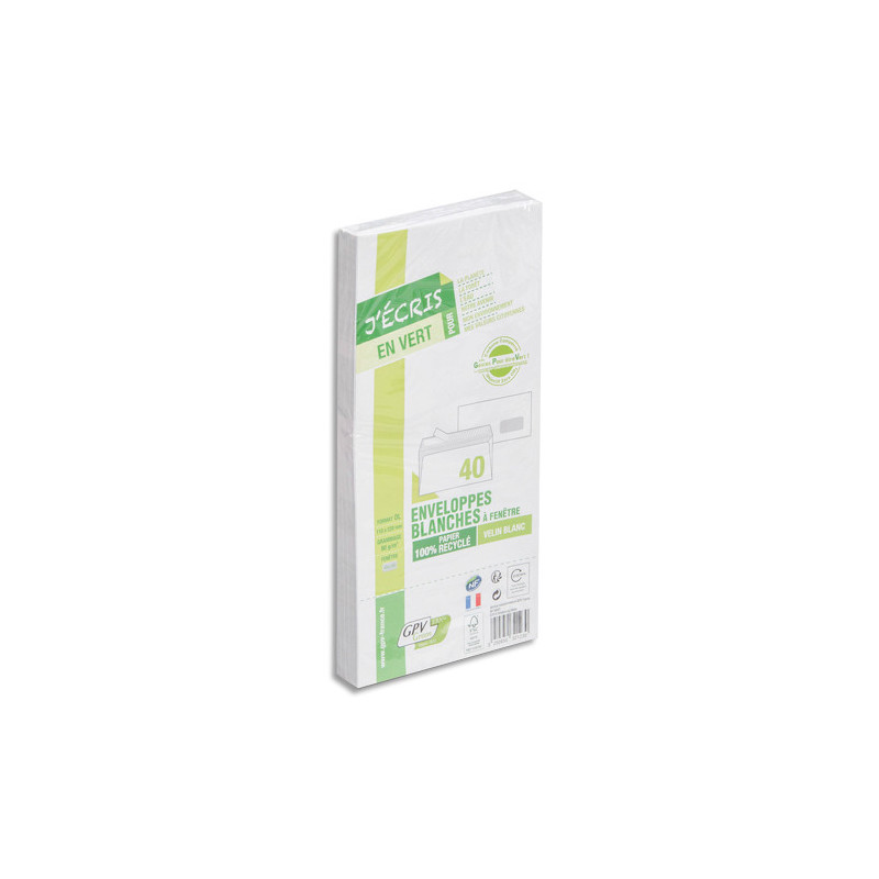 GPV paquet de 40 enveloppes recyclées extra Blanches Erapure, format DL 110x220mm fenêtre 45x100mm 80g