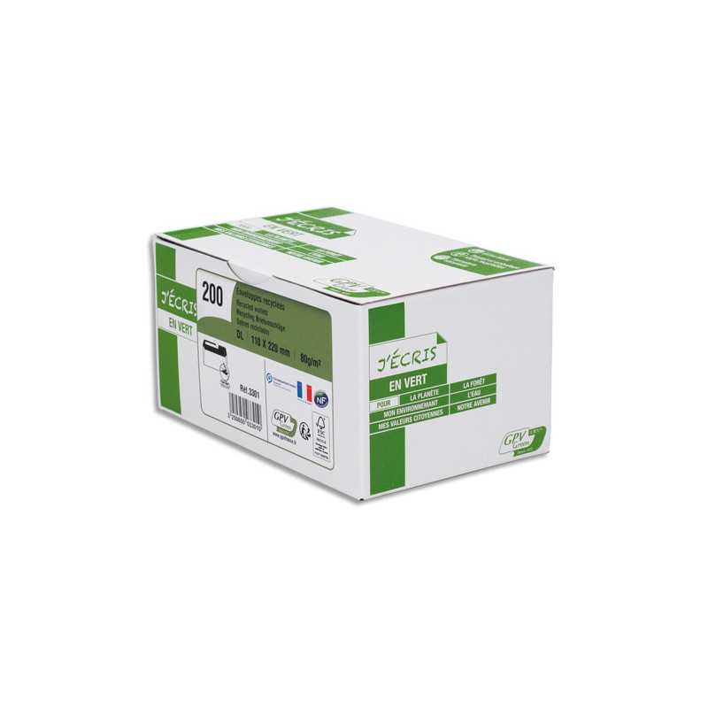GPV Boîte de 200 enveloppes recyclées extra Blanches Erapure, format DL 110x220mm 80g