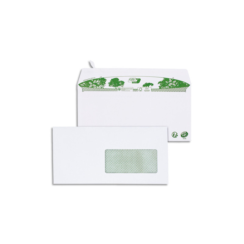 GPV Boîte de 200 enveloppes recyclées extra Blanches Erapure, format DL 110x220mm fenêtre 45x100mm 80g