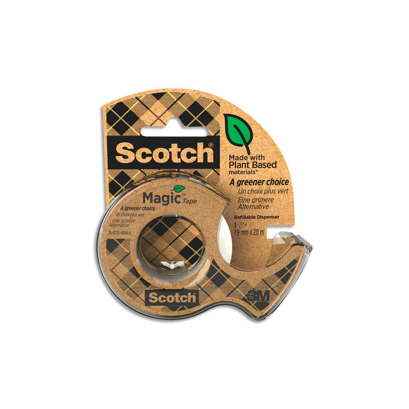 SCOTCH Dévidoir à main transparent en plastique recyclé 100% avec rouleau Magic recyclé 19mm x 20m