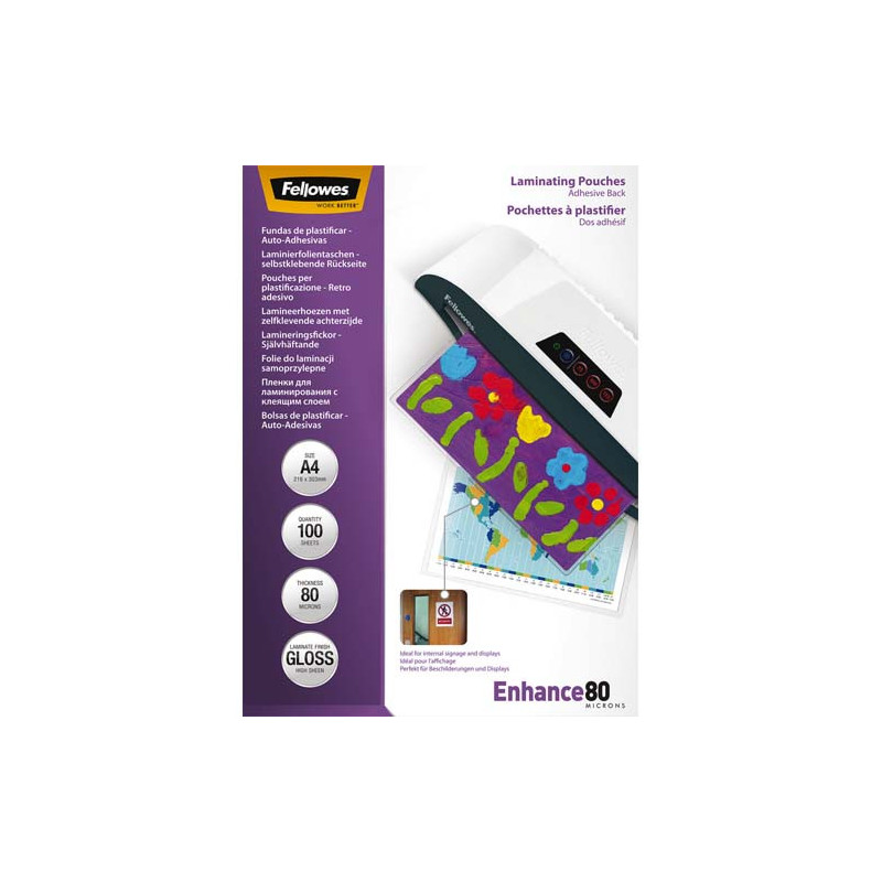 FELLOWES Pack de 100 pochettes A4 dos adhésif 80 microns 5302202