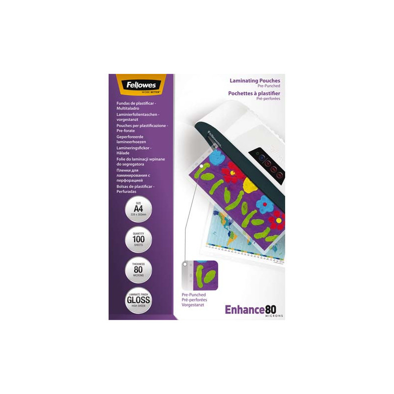 FELLOWES Pack de 100 pochettes pré perforées brillantes A4 80 microns 5452502