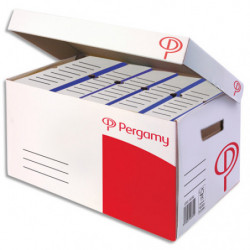 PERGAMY Conteneur ouverture dessus, couvercle attenant. Montage auto. Kraft ondulé. Blanc imprimé rouge.