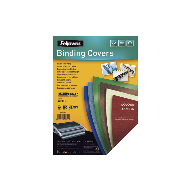 FELLOWES Boîte de 100 plats de couvertures grain cuir A4 Blanc FSC 5370104