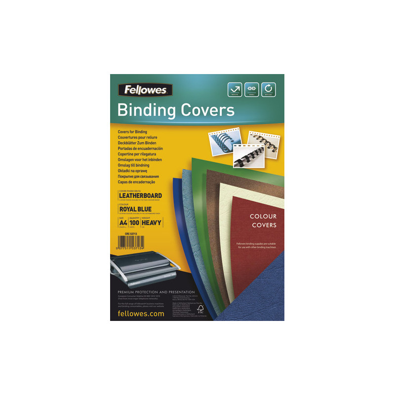 FELLOWES Boîte de 100 plats de couvertures grain cuir Bleu A4 royal FSC 5371305