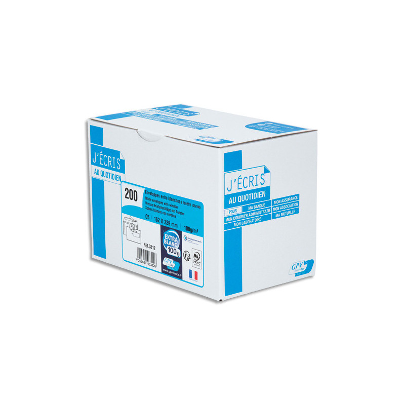 GPV Boîte de 200 enveloppes C5 162x229mm fenêtre 45x100mm 100g Blanches auto-adhésives PEFC